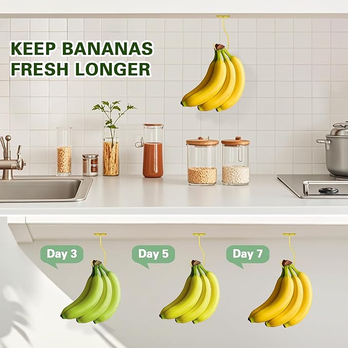 Banana Hanger Hook – Space Saving Banana Holder Hanger to Keep Bananas Fresh, Self Adhesive and Screw Banana Hook 2Pack Gold