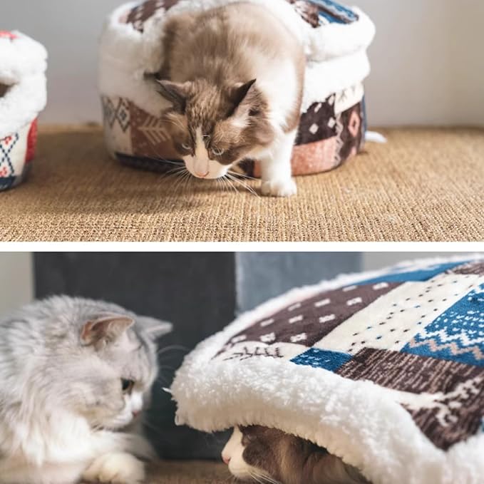 Cat Cave Bed – Plush, Warm & Calming Hideaway with Detachable Lid & Mat, Covered House for Indoor Kitten & Kitty (Brown)
