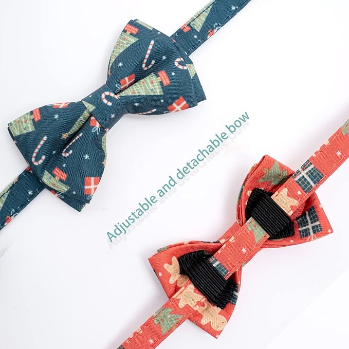 2 Pack Cotton Christmas Cats Collar with Bow Tie Red Green Cat Collars for Girl Female Boy Male Cat Collar with Bell Gingerbread Man Christmas Trees Charms