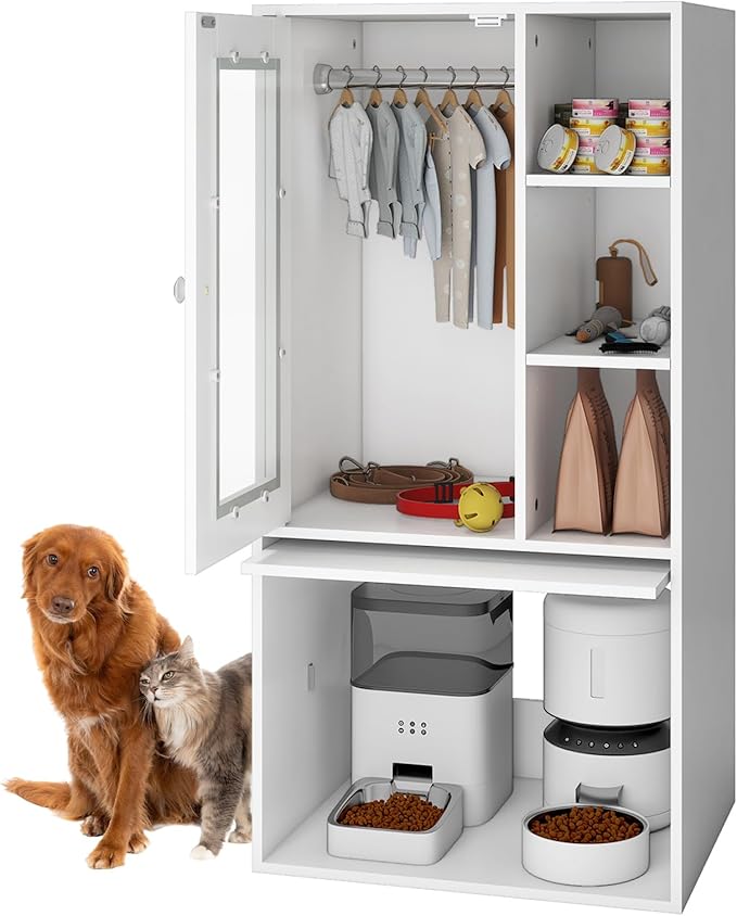 YU YUSING Dog Feeding Station for Automatic Feeder, Dog & Cat Food Storage Cabinet with Hanging Rods, Adjustable Panel, Hidden Automatic Pet Feeder Station for Food and Pet Supplies