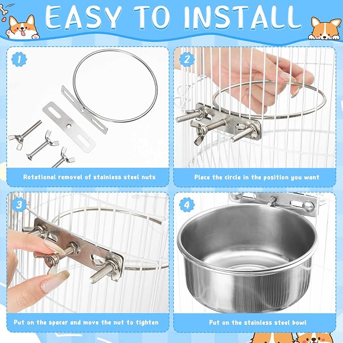 Zubebe 8 Pcs Stainless Steel Hanging Dog Crate Bowls, Non-Spill Kennel Food Water Bowls with Screw Clamp Attach Holders, Removable Mountable Metal Cage Feeder for Pet(41 oz)