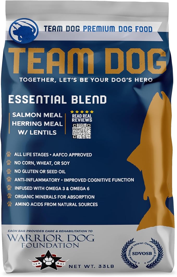 Team Dog Essential Blend Premium Herring & Salmon Dog Food | Sensitive Stomach Dog Food | Gluten & GMO Free, No Corn, Wheat, No Soy Chicken Free | All Life Stage Formula (33 lb)