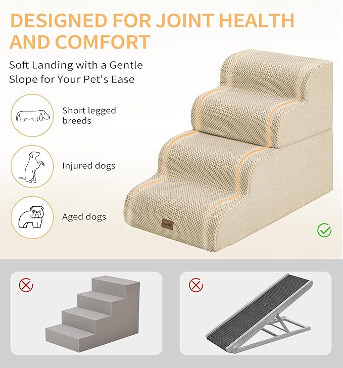 Made4Pets Dog Stairs Ramp for Bed 19.7" H, 4-Step Dog Steps for High Bed Couch Sofa Climbing, 35D Foam Pet Steps for Small Dogs and Cats, Non-Slip Bottom Pet Stairs, Beige