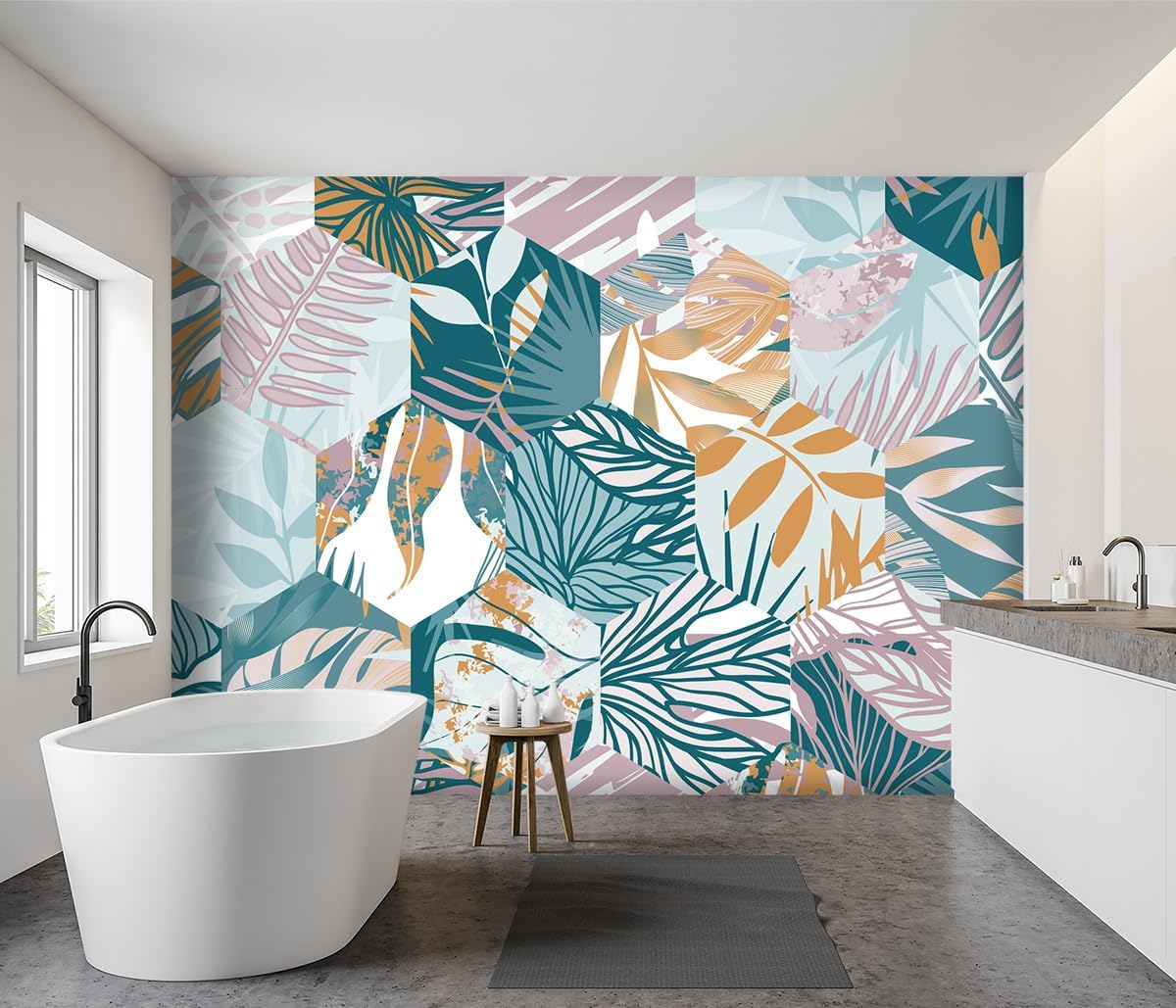 -Abstract Geometry Botanical Banana Leaf Fabric Wallpaper Living Room Bedroom Bathroom Tropical Plant Leaf Large Wall Mural- 183"x120"（ not Peel and Stick）