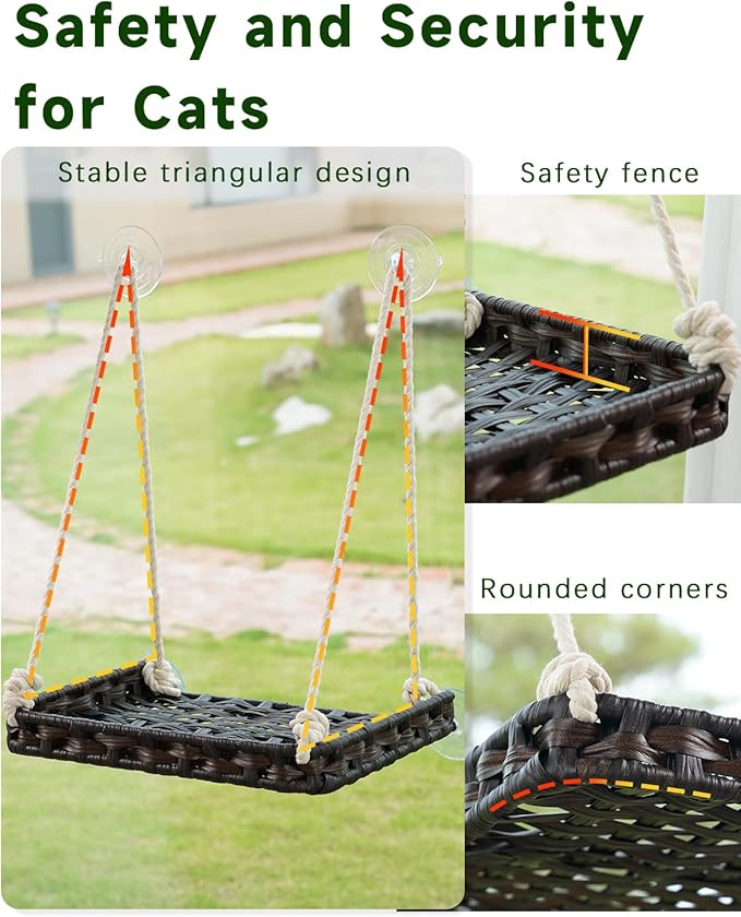 Cat Window Perch, Cat Window Hammock Bed for Indoor Cats, Large Handwoven PE Rattan Window Seat, 4 Suction Cups, Double Sided Washable Cushion Bed, 2.3 Inch Fence Shelf, for Pet Kittens Brown