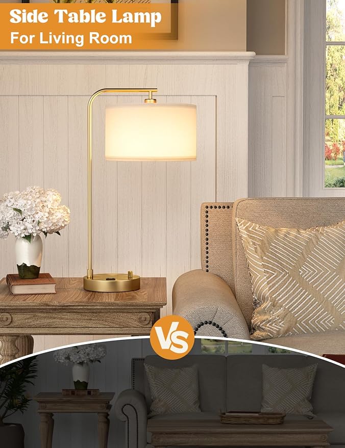 Innqoo Gold Table Lamp with USB Port and Outlet, Dimmable Nightstand Bedside Lamps with Linen Lampshade, Desk Lamp for Bedroom, Living Room, Guest Room, Home Office, LED Bulb Included