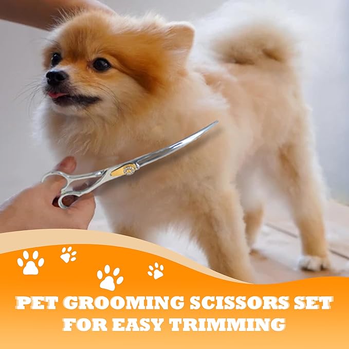 7 Inch Professional Dog Grooming Scissors Kit, 6-in-1 Grooming Scissors for Dogs, Pet Grooming Shears Set, Straight Scissor & Thinning Shear & Curved Scissor & Chunker Shear (Silver)