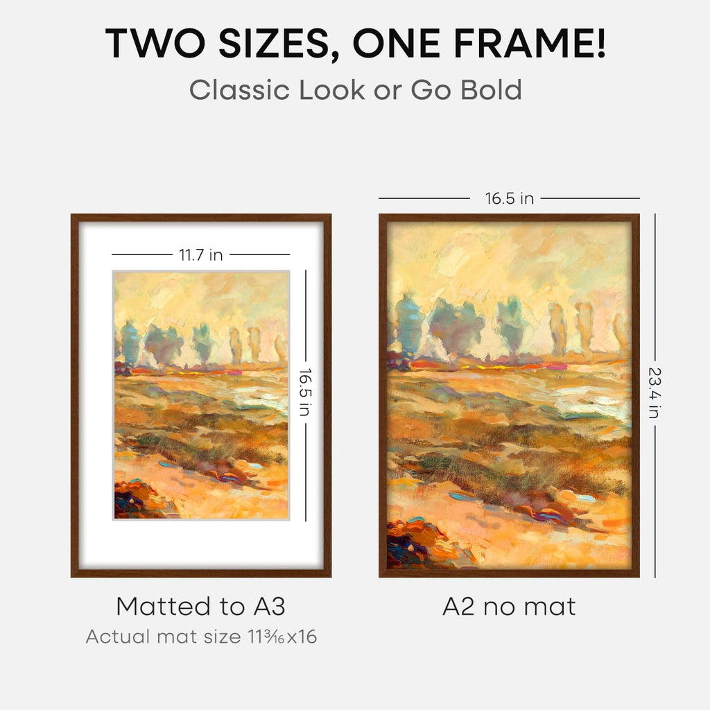 Homeforia A2 Picture Frame Brown, High End Dark Oak 16.5 x 23.4 Wooden Poster Frame Matted to 11.7 x 16.5 Photo, A2 Walnut Wood Frame with Mat A3, 16.5 x 23.5 Frame, Tempered Glass, Wall Kit, Set of 1