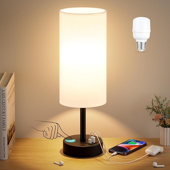 Dicoool White Touch Table Lamp with USB - 3 Way Dimmable Bedside Lamp for Nightstand, Bedroom Lamp with Black Charging Station for Desk, Office, Kids Room, Dorm, Small