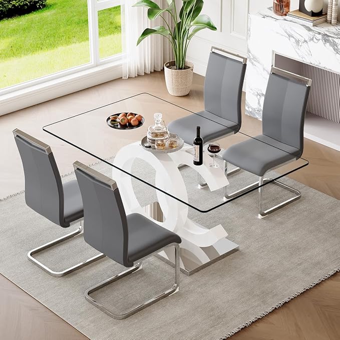 63'' Glass Dining Table Set for 4, Kitchen Table Chairs Set of 4, Clear Glass Dining Table with White unique design Leg and Silver Metal Base, 4 PU Dining Chairs with Metal Legs, Living Room, Kitchen.