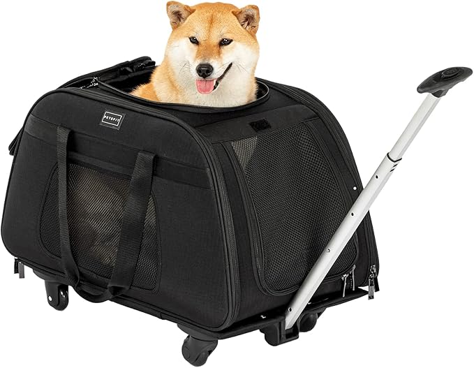 PETSFIT Extra Large Pet Carrier with Wheels- Rolling Dog Carrier for 2 Small Dogs, Large Cat Carrier on Wheels with Adjustable Safety Rope & Waterproof Bottom (𝑵𝒐𝒕 𝑨𝒊𝒓𝒍𝒊𝒏𝒆 𝑨𝒑𝒑𝒓𝒐𝒗𝒆𝒅)