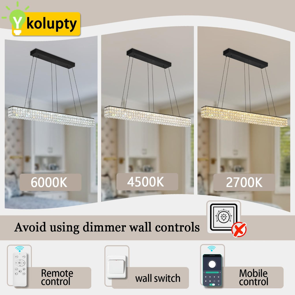 W48 Black Chandeliers for Dining Room, Modern Crystal Pendant Lights Fixture Farmhouse Hanging Dining Light Fixtures for Kitchen Island, Living Room, Bedroom