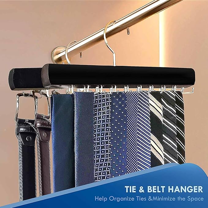 Tie Rack Hanger for Closet, Sleek Tie Hangers for Men with 18 Upgraded Folding Hooks, Space-Saving Tie Holder Neck Tie Organizer for Men Ties, Belts, Bras, Scarves, Tank Tops (Black)