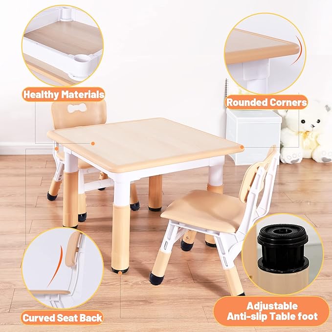 FUNLIO Kids Table and 2 Chairs Set, Height Adjustable Toddler Table and Chair Set for Ages 3-8, Easy to Wipe Arts & Crafts Table, for Classrooms/Daycares/Homes, CPC & CE Approved (3pcs Set) - Natural