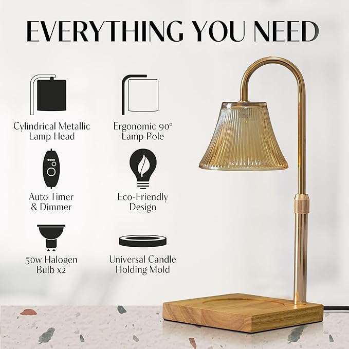Candle Warmer Lamp with Timer and Dimmer & Includes 2 Bulbs, Electric Wax Candle Lamp Warmer for Jar Candles, Home Decor Aesthetic, and House Warming Gifts - Gold Glass
