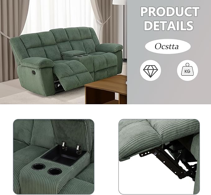 Manual Recliner Sofa Set,Corduroy Reclining Couch Set,Modern Living Room Furniture Set,Reclining Sofa Couch Chair for Living Room Home Office(Green,Sofa+Loveseat)