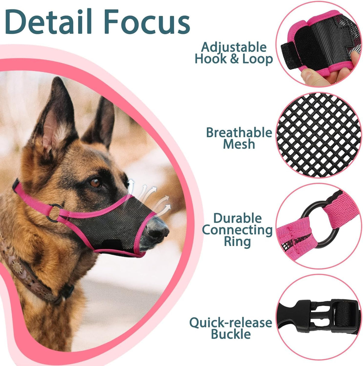 LUCKYPAW Dog Muzzle, Mesh Dog Muzzle for Large Medium Small Dogs, Soft Mouth Guard for Biting Chewing, Breathable Mouth Cover with Adjustable Strap for Training (Hot Pink, M(Snout:8.75"-9.5"))
