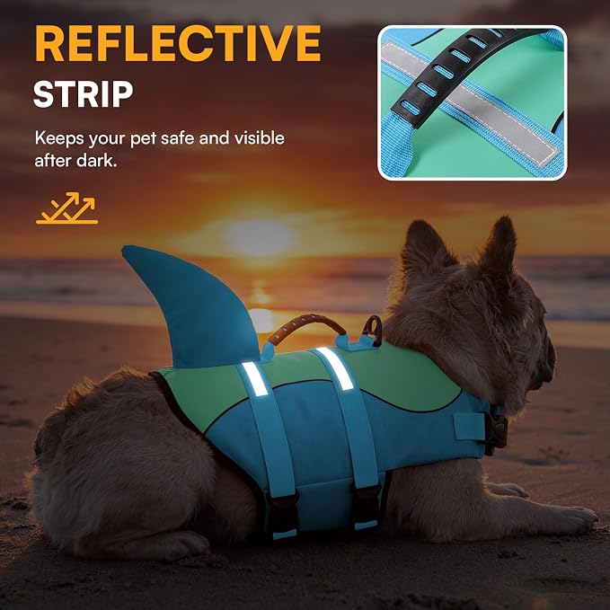 Shark Dog Life Jacket, Dog Life Vests for Boating, High Buoyant Pet Life Vest for Swimming, Adjustable Easy On Life Jackets for Small, Medium, Large Dogs (Pool Blue,L)