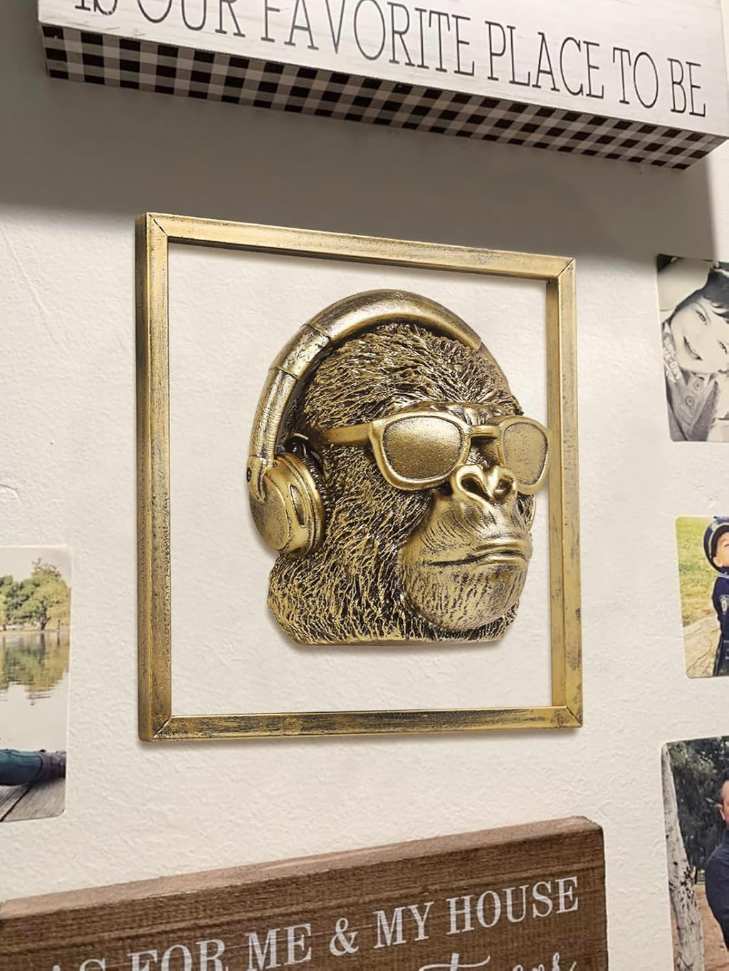 Animal Heads Wall Decor (Includes Metal Frame) Resin Animals Sculptures Head Wall Hanging Decoration Gold vintage Wall Sculpture for Living Room Bedroom Office (Gorilla)