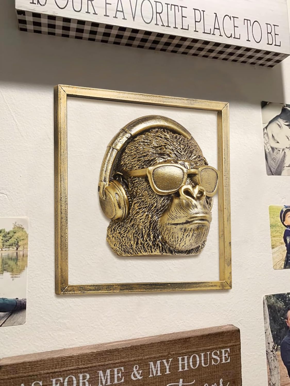 Animal Heads Wall Decor (Includes Metal Frame) Resin Animals Sculptures Head Wall Hanging Decoration Gold vintage Wall Sculpture for Living Room Bedroom Office (Gorilla)