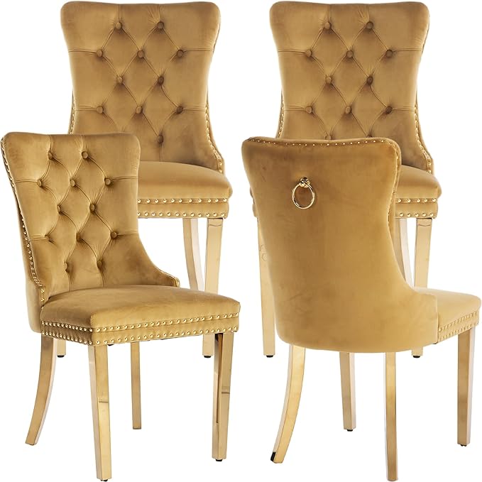 Luxury Upholstered Dining Chairs Set of 4, Yellow Kitchen Chair with Golden Metal Legs, Velvet Tufted Back Dining Chair, Sillas de Comedor, Modern Kitchen & Dining Room Chairs (Gold, 4 Pcs)