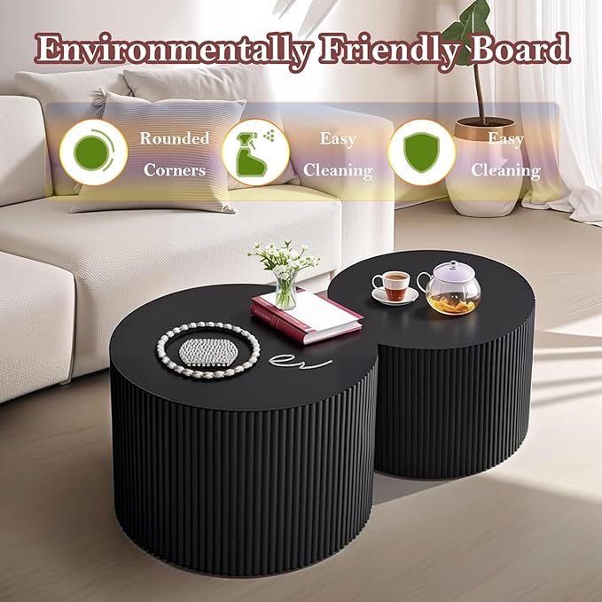 Black Round Fluted Coffee Table Set of 2 - Handcraft Embossed Design, Stylish Combination Center Drum Table for Living Room - No Assemble Needed (D-18.9IN+15IN)