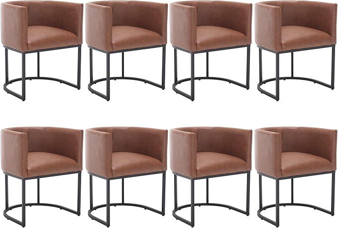 Faux Leather Dining Chairs Set of 8 Modern Barrel Arm Chairs with Black Metal Frame, Upholstered Kitchen Chairs 18.5" Wide Accent Chairs for Living Room Dining Room Restaurant, Brown
