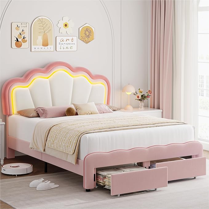 HOSTACK Full Upholstered LED Bed Frame with Storage Drawers, Cute Girls Bed with Adjustable Lotus Headboard, Velvet Princess Platform Bed Frame, Wooden Slats Support, No Box Spring Needed, Pink/Beige
