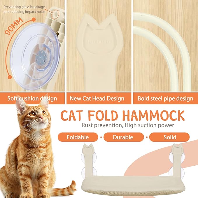 Cat Window Hammock 2-Pack,Foldable Cat Perch with Suction Cups & Metal Frame,Holds up to 40 lbs - Durable & Secure for Cats,Features 2-Sided Cushion & Easy Storage for Sunny Lounging(Beige)