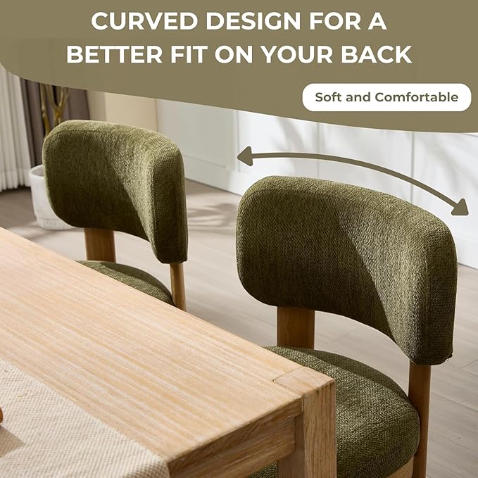 Green Upholstered Dining Chairs Set of 2 Chenille Fabric Dining Room Chairs Modern Barrel Kitchen Chairs with Curved Backrest and Wooden Legs