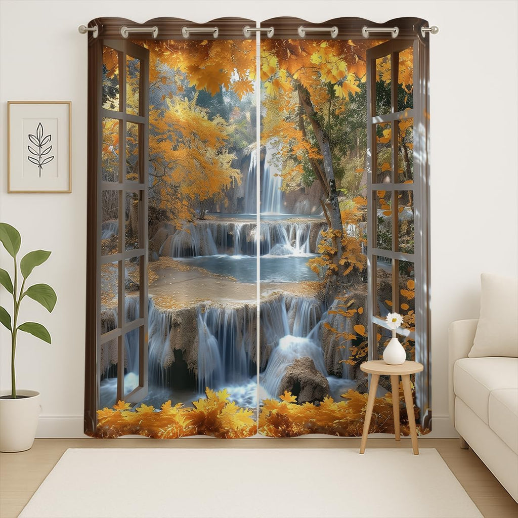 Landscape Blackout Curtains for Girls Boys Teens Home Decor, Nature 3D Autumn Fall Forest Maples Grommet Thermal Insulated Drapes Darkening Window Curtain for Bedroom Living Room, 63 x 63 Inch