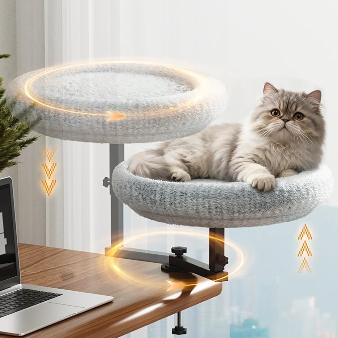 Cat Bed for Desk with Adjustable Height & 360 Rotation Elevated, Heavy-Duty Cat Desk Bed for Small Space, Soft & Comfortable Modern Unique Kitten Furniture, Indoor Cats Up to 60 lbs (Gray)