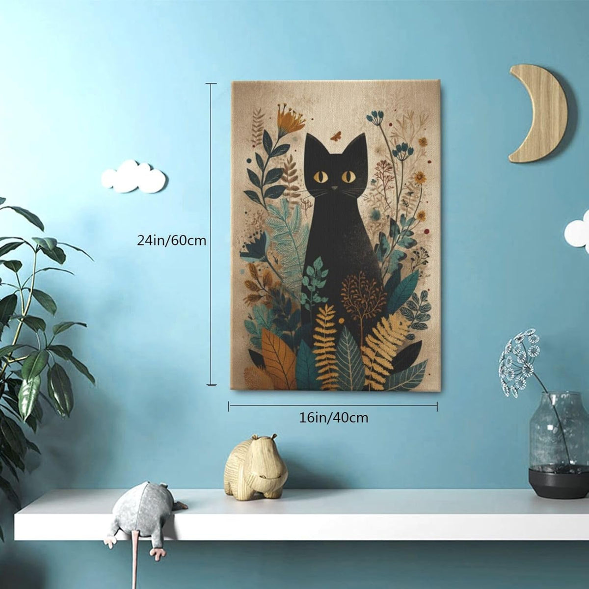 Boho Black Cat Wall Art Kitten Botanical Wall Decor Mid Century Modern Canvas Painting Print Minimalist Pictures Artwork Framed Decorations Gifts for Cat Lover Bathroom Nursery Living Room Bedroom Kitchen 16"x24"