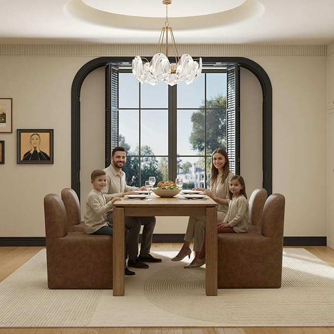 Brown Upholstered Leather Dining Chairs Set of 2, Mid Century Modern Dining Room Chairs with Deep Seat & Curved Back, Armless Side Chair Comfy Kitchen Chairs for Living Room/Kitchen