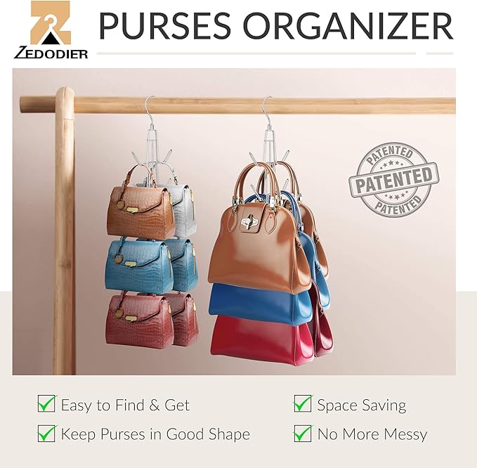 ZEDODIER Purse Hanger Organizer for Closet, Hanging Bag Holder, Keeping Purses Visible and in Good Condition, Metal Handbag Storage Hook Backpack Rack Space Saving Hanger, Silver
