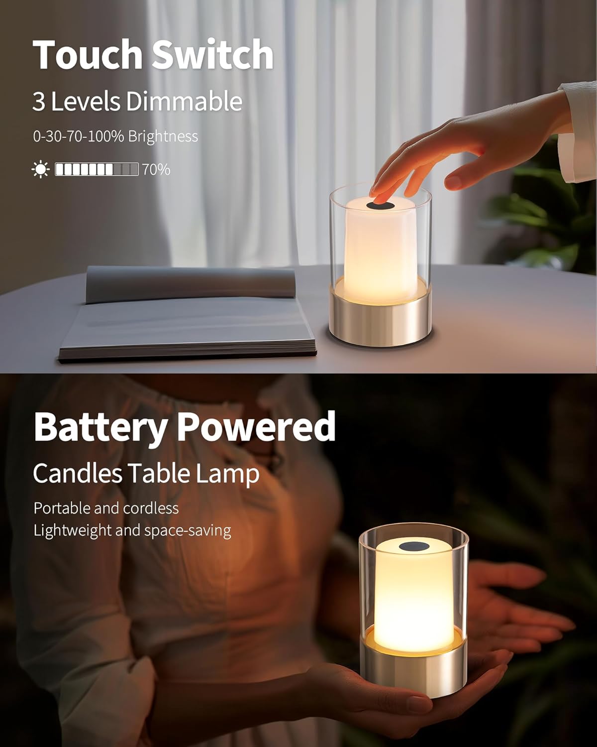 4" Mini Dining Table Light 2 Pack for Buffet Restaurant, Outdoor Waterproof Lamps for Bathroom Camping, Rechargeable Cordless Table Lamp for Bar, Touch Warm Night Light for Nursery Baby (Gold)