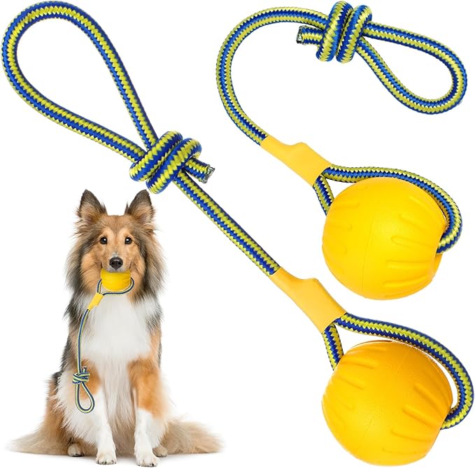Hsei 2 Pcs Medium Dog Ball on a Rope Rubber Dog Toy with Handle Ball Yellow Floats in Water for Tug Training Rewards Interactive Pet Fetch Catch Throw Outdoor Puppy Teething Medium Pet