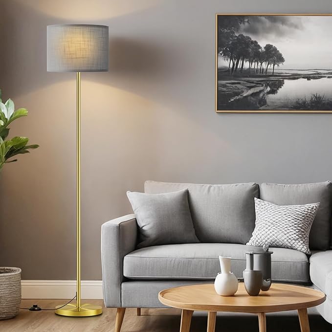 Ambimall 60'' Modern Floor Lamp with Shade, Tall Lamps for Living Room, Bedroom, Office, Dining Room, Linen Grey Shade with Brushed Gold Pole(Without Bulb)