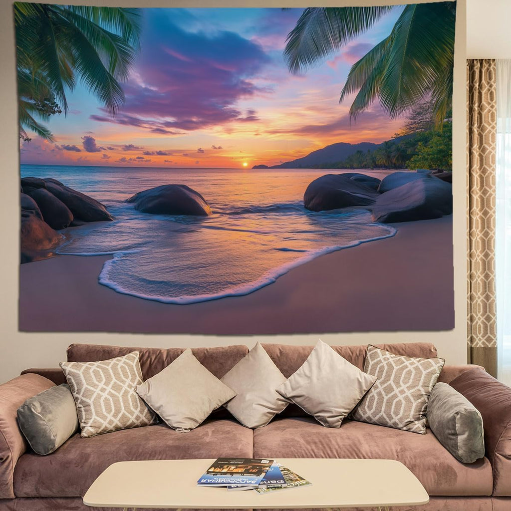keowhsf Beach Sunset Ocean Tapestry – Tropical Palm Trees Wall Decor with Warm Orange Sky, Summer Seaside Landscape Wall Hanging for Bedroom Living Room Dorm