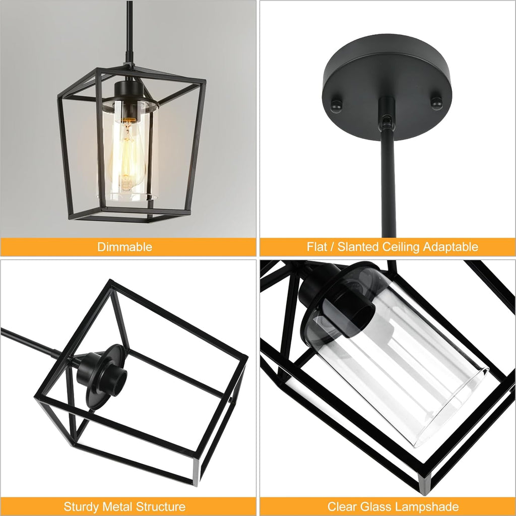 2 Pack 1-Light Black Pendant Lights for Kitchen Island, Farmhouse Metal Pendant Light Iron Cage Hanging Light Fixtures with Clear Glass Shade for Dining Room, Entryway, Hallway, Foyer