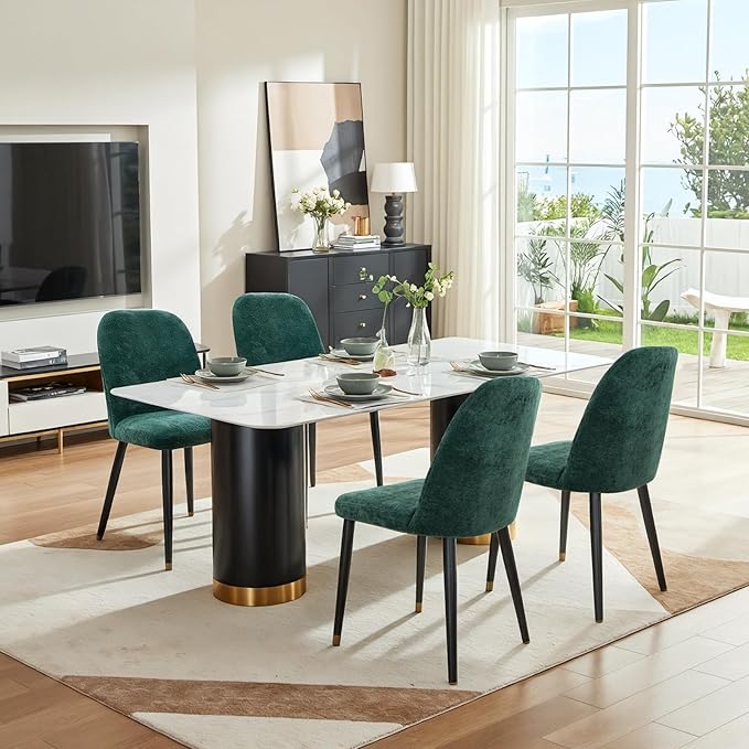 Upholstered Dining Chairs Set of 4, Mid Century Modern Fabric Dining Room Chair High-Back Padded Kitchen Chairs with Padded Seat and Metal Legs for Kitchen Dining Room Restaurant Cafe, Green