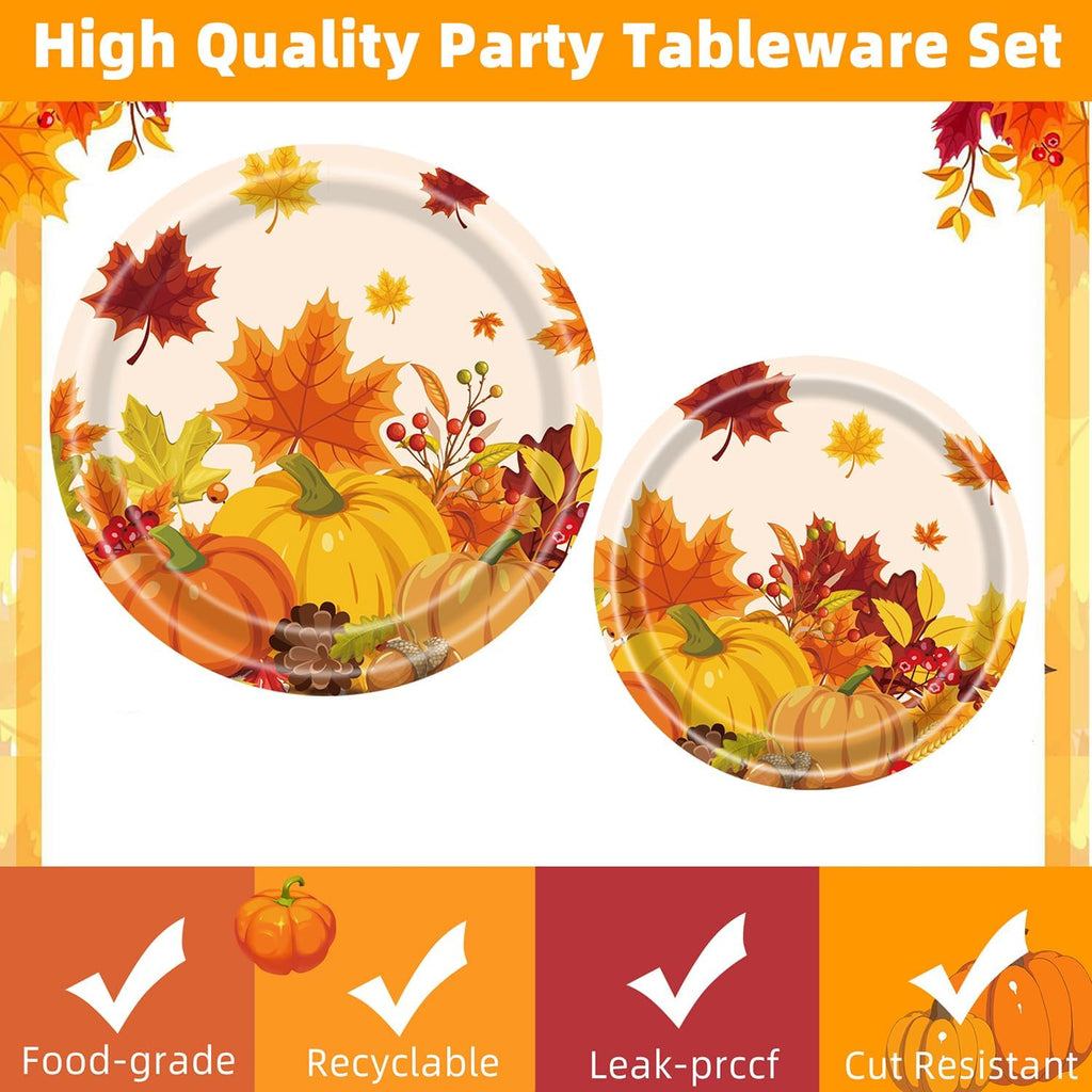 Fall Party Supplies - 96 Pcs Thanksgiving Paper Plates and Napkins, Forks, Pumpkin Autumn Disposable Tableware Set for Harvest Party Decorations