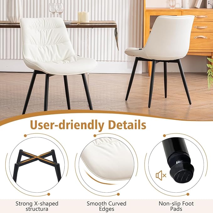 Kidol & Shellder Dining Chairs Set of 2, Modern Upholstered Faux Leather Kitchen Side Chairs with Comfortable Back - Mid-Century Armless Chair for Dining Living Room Bedrooms, with Metal Legs (White)