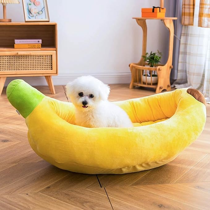 Banana Pet Bed for Small Dogs and Cats, Cozy Enclosed Calming Cave Bed with Removable Plush Cushion for Indoor Kittens Puppies Small Pets (Banana Bed + Blanket + Bone Toy, X-Large)