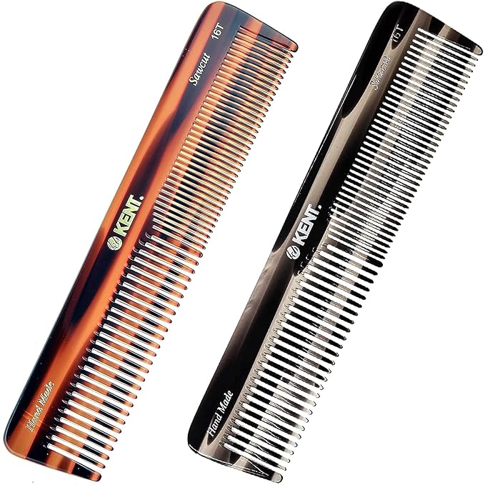 Kent 16T-16TG Fine Tooth and Wide Tooth Comb for Daily Grooming, Handmade Styling Comb for All Hair Types, Styling and Detangling Combs for Men and Women
