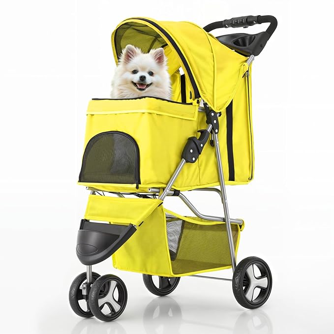 MoNiBloom Foldable Pet Stroller with Waterproof Cover, 3-Wheels Dog Strolling Cart for Small/Medium Dogs and Cats with Storage Basket and Cup Holder, Breathable and Visible Mesh for All-Season, Yellow