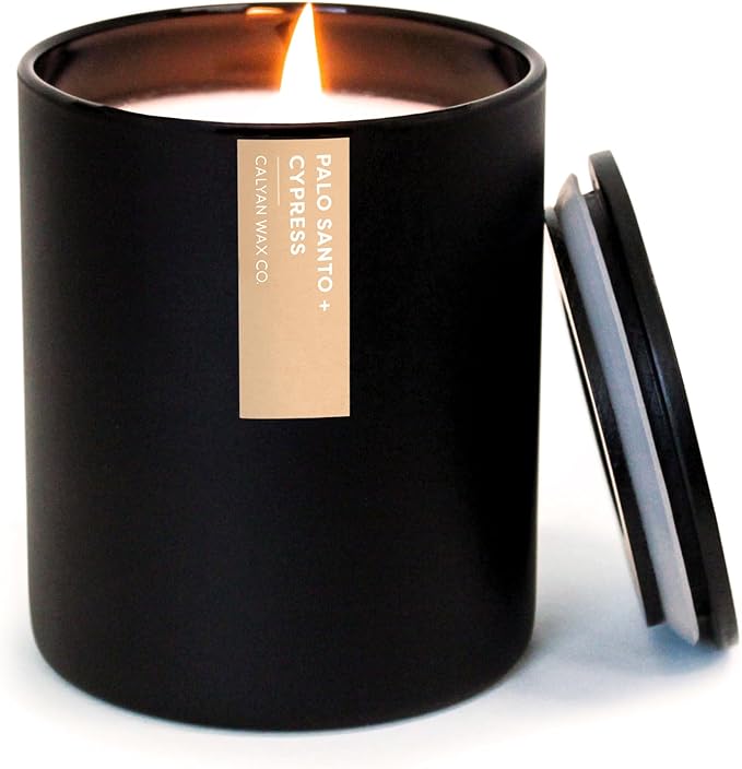 Calyan Wax Co. Palo Santo & Cypress Scented Candle - 75 Hour Burn - Luxury Non Toxic Soy Wax Candles - Long Lasting Black Tumbler Jar Candle for Home - 10.2oz