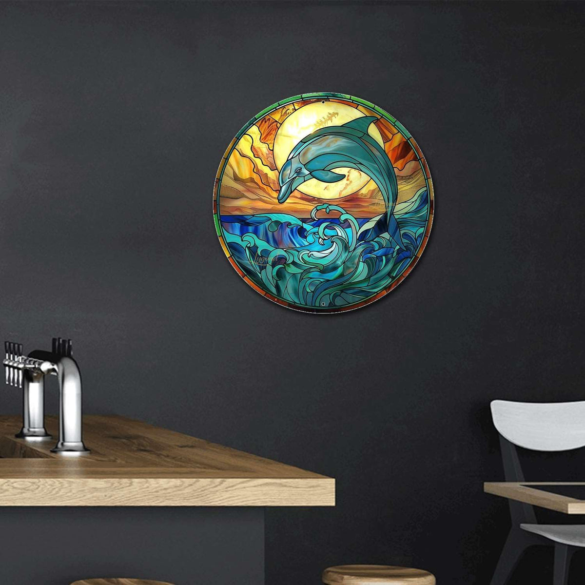 Lygond Metal Sign Tin Sign Circular Stained Glass Dolphin Funny Gardening Gift for Gift 8×8 Inches