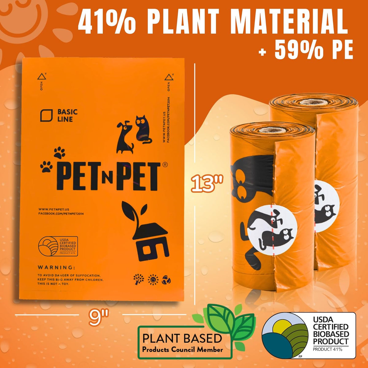 Pet N Pet 1080 Counts Orange Poop Bags for Dogs, 41% Plant Based & 59% PE Extra Thick Dog Poop Bags Rolls, 9" x 13", Unscented Pet Waste Bag