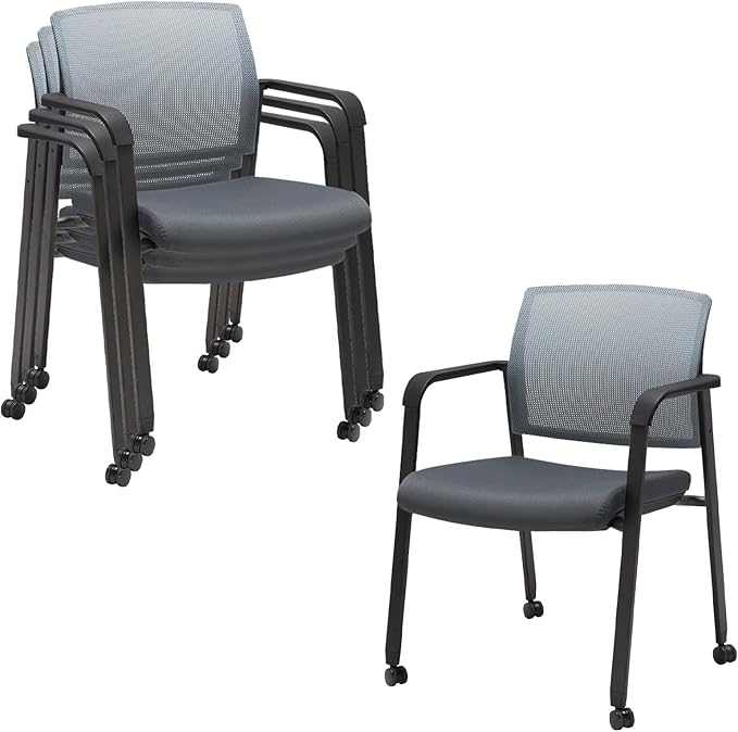CLATINA Mesh Back Stacking Arm Chairs with Upholstered Fabric Seat and Ergonomic Lumbar Support for Office School Church Guest Reception (WithWheels Gray- 4 Pack)